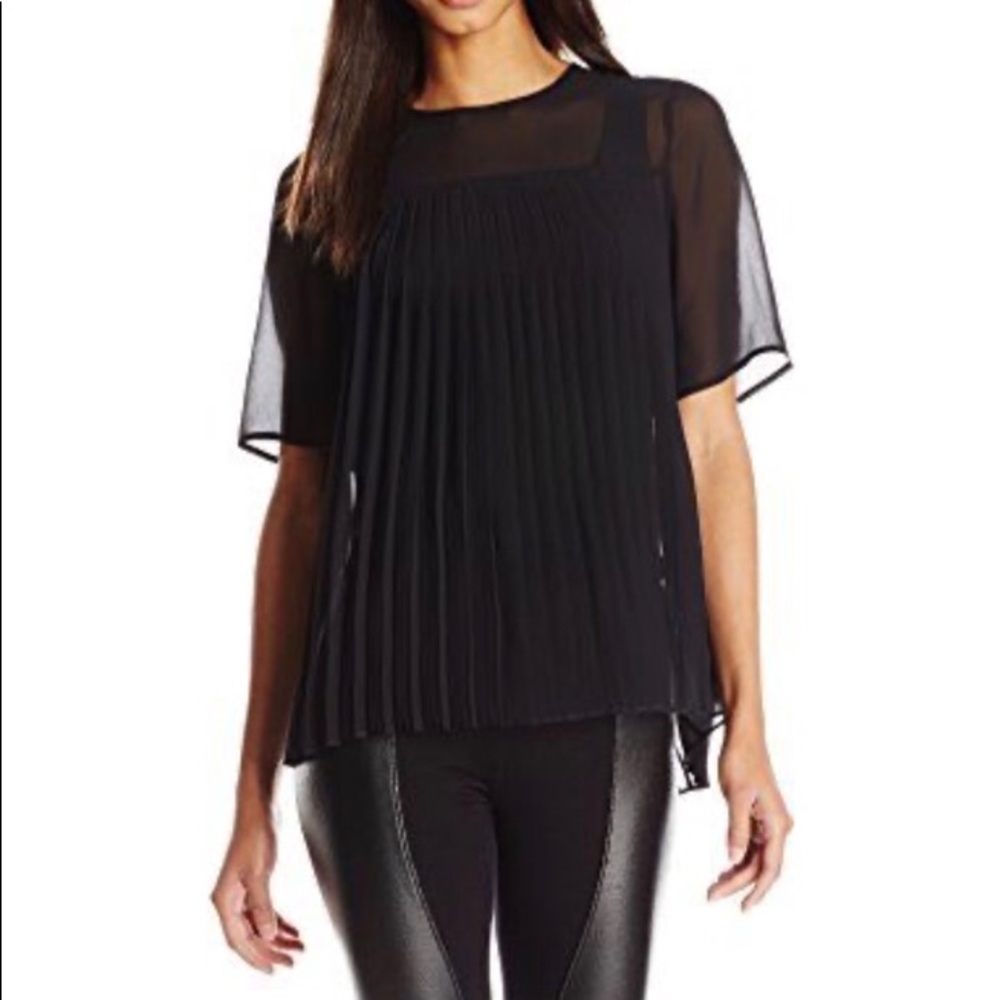BCBGeneration Black Semi-Sheer Pleated Top